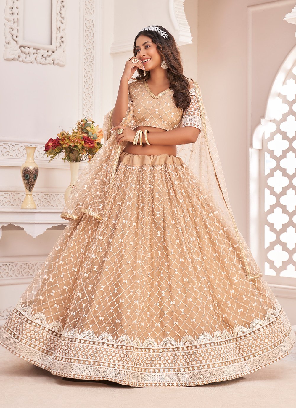 Lehenga Choli Net Beige Embroidered Lehenga Choli