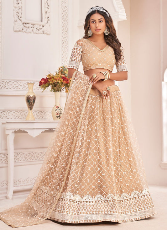 Lehenga Choli Net Beige Embroidered Lehenga Choli