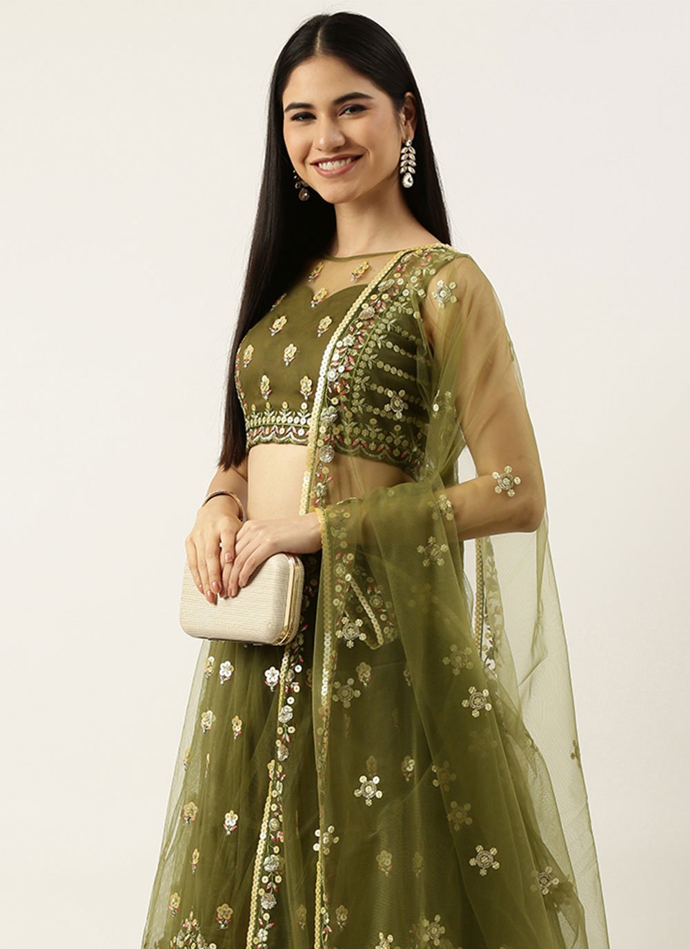 Lehenga Choli Net Green Embroidered Lehenga Choli