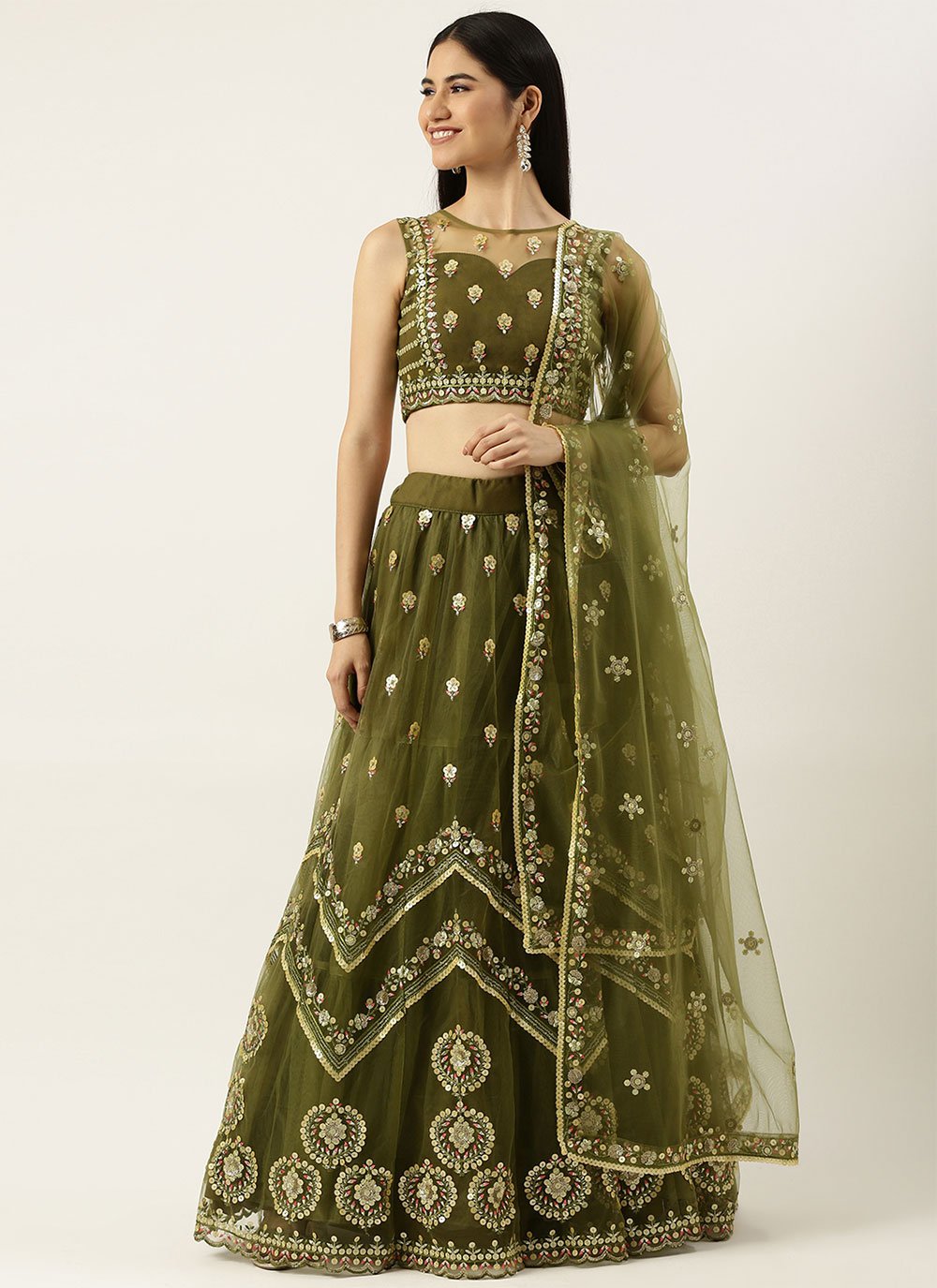 Lehenga Choli Net Green Embroidered Lehenga Choli