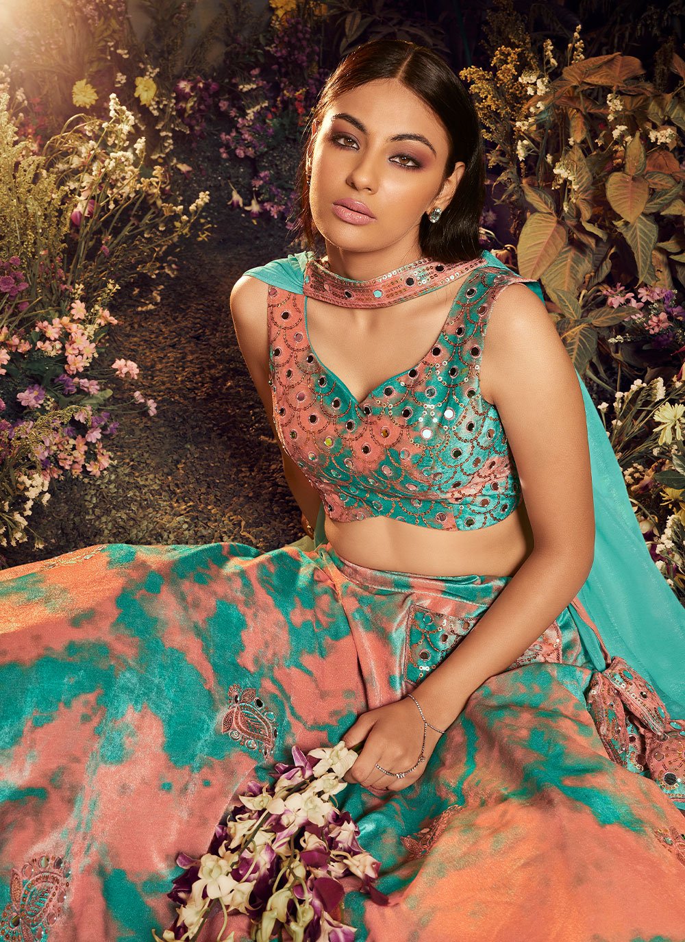 Lehenga Choli Velvet Peach Turquoise Embroidered Lehenga Choli