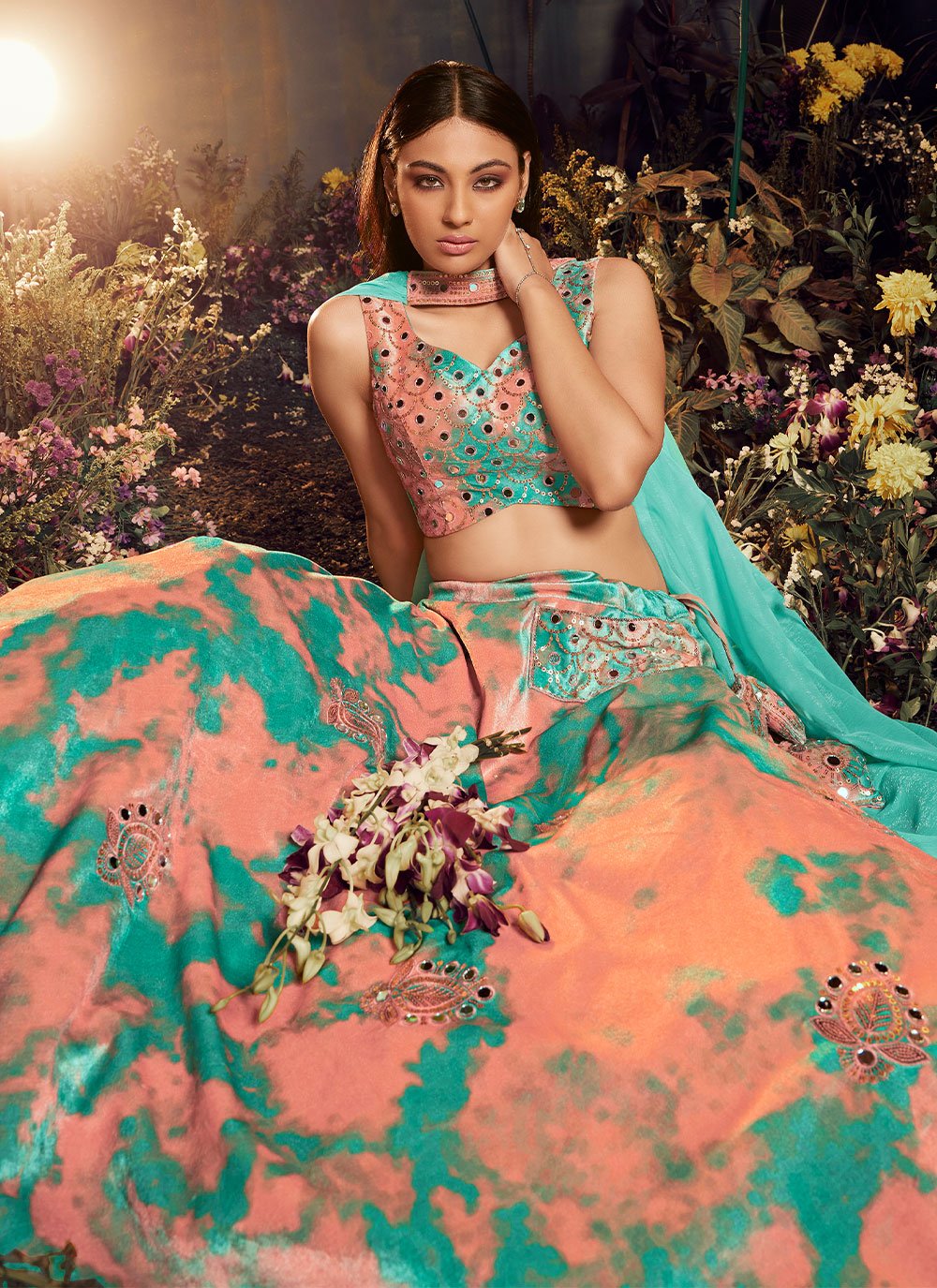 Lehenga Choli Velvet Peach Turquoise Embroidered Lehenga Choli