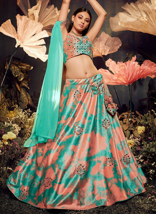 Lehenga Choli Velvet Peach Turquoise Embroidered Lehenga Choli