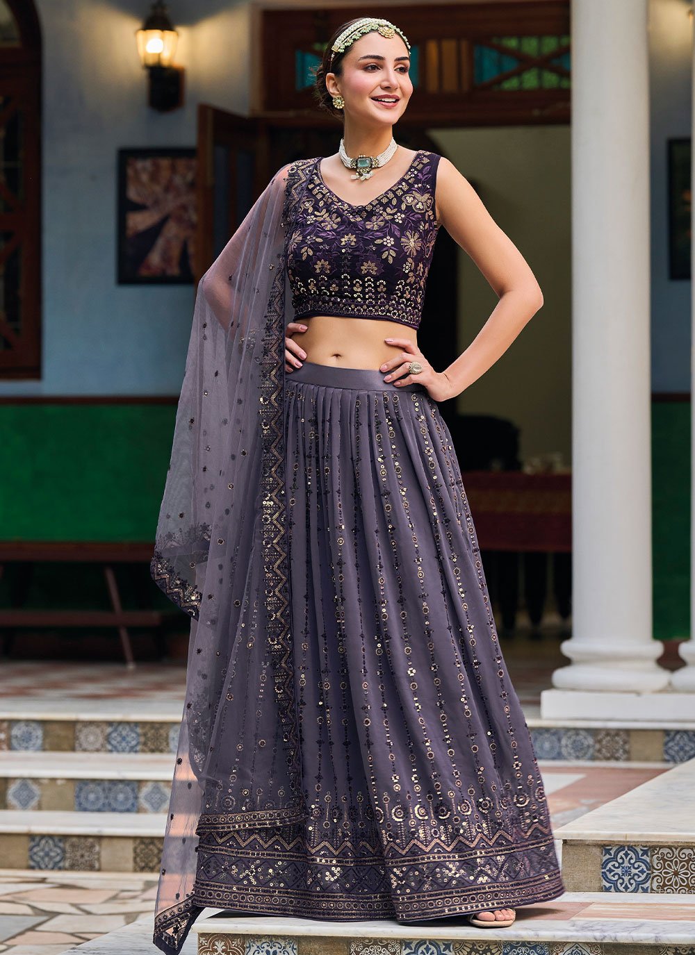 Lehenga Choli Georgette Violet Embroidered Lehenga Choli