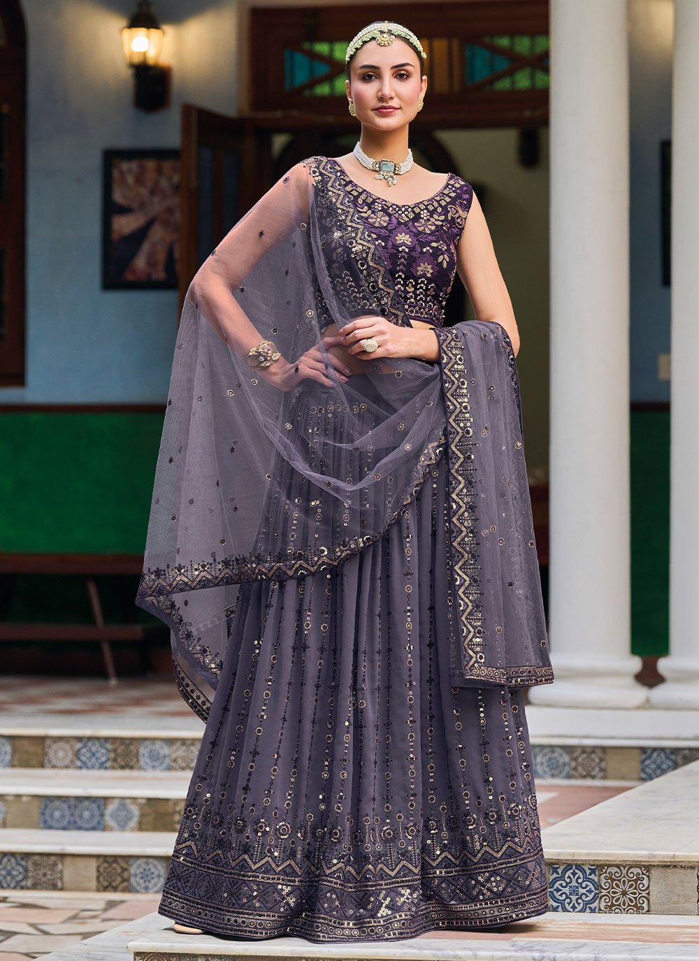 Lehenga Choli Georgette Violet Embroidered Lehenga Choli