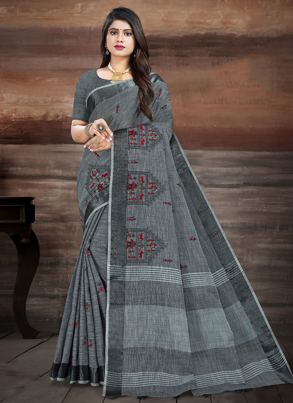 Classic Linen Grey Embroidered Saree