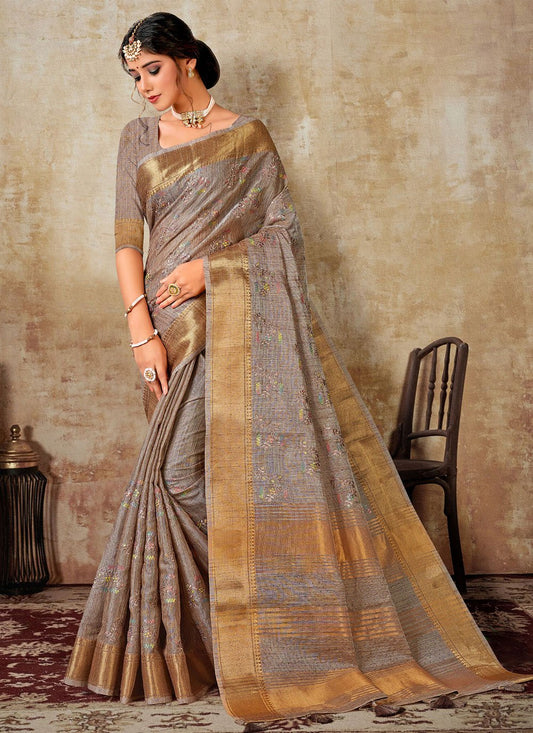 Traditional Saree Linen Tissue Grey Embroidered Saree