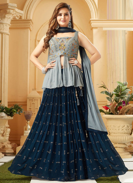 Lehenga Choli Georgette Silk Grey Morpeach Embroidered Lehenga Choli