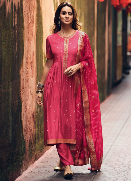 Floor Lenght Salwar Suit Muslin Pink Embroidered Salwar Kameez