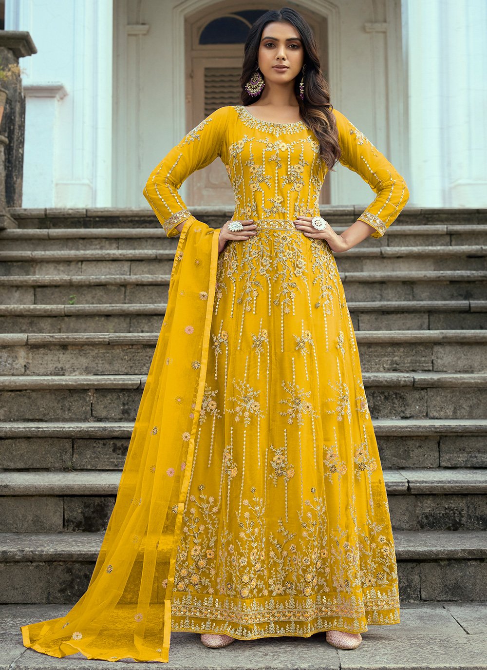 Floor Lenght Salwar Suit Net Yellow Embroidered Salwar Kameez