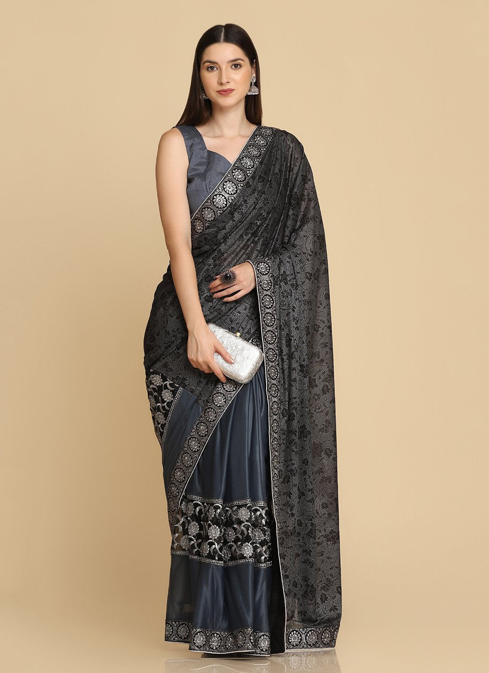 Classic Lycra Grey Embroidered Saree