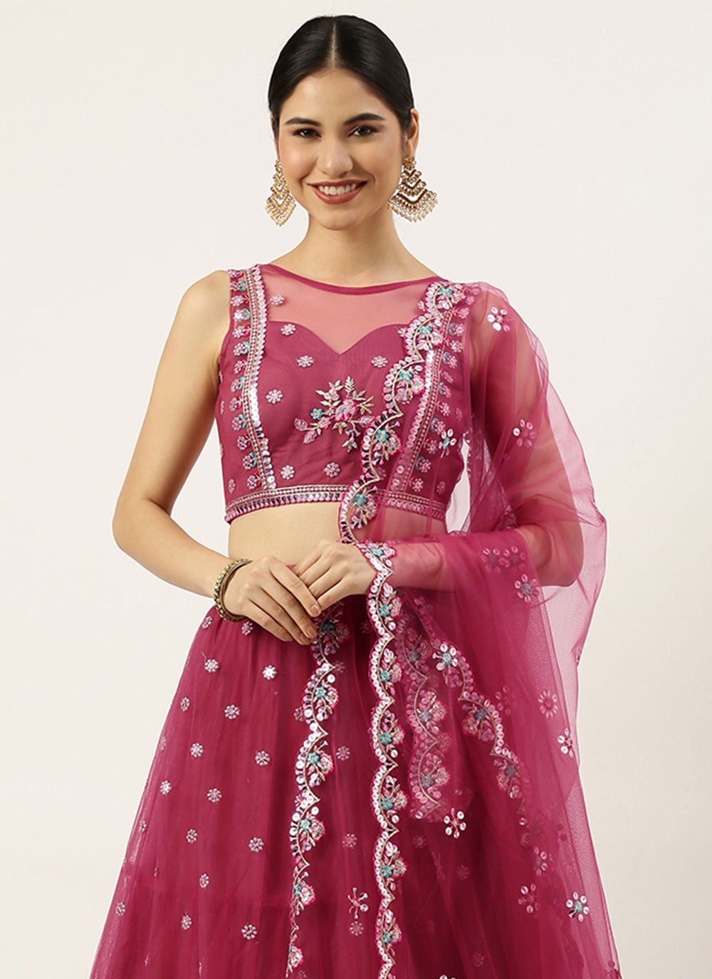 A Line Lehenga Net Magenta Embroidered Lehenga Choli