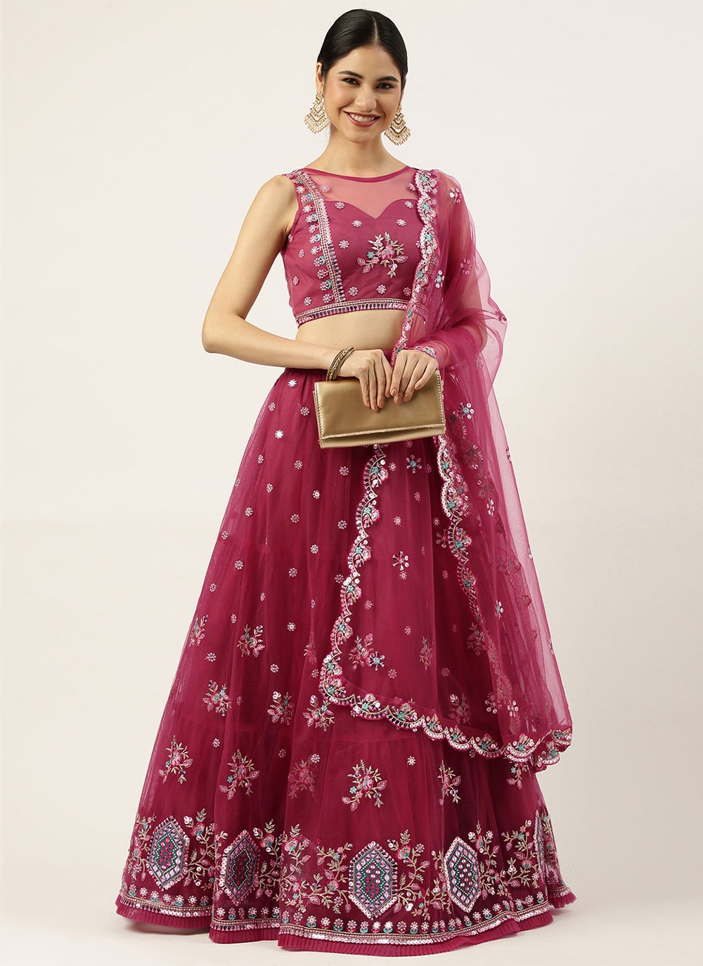 A Line Lehenga Net Magenta Embroidered Lehenga Choli