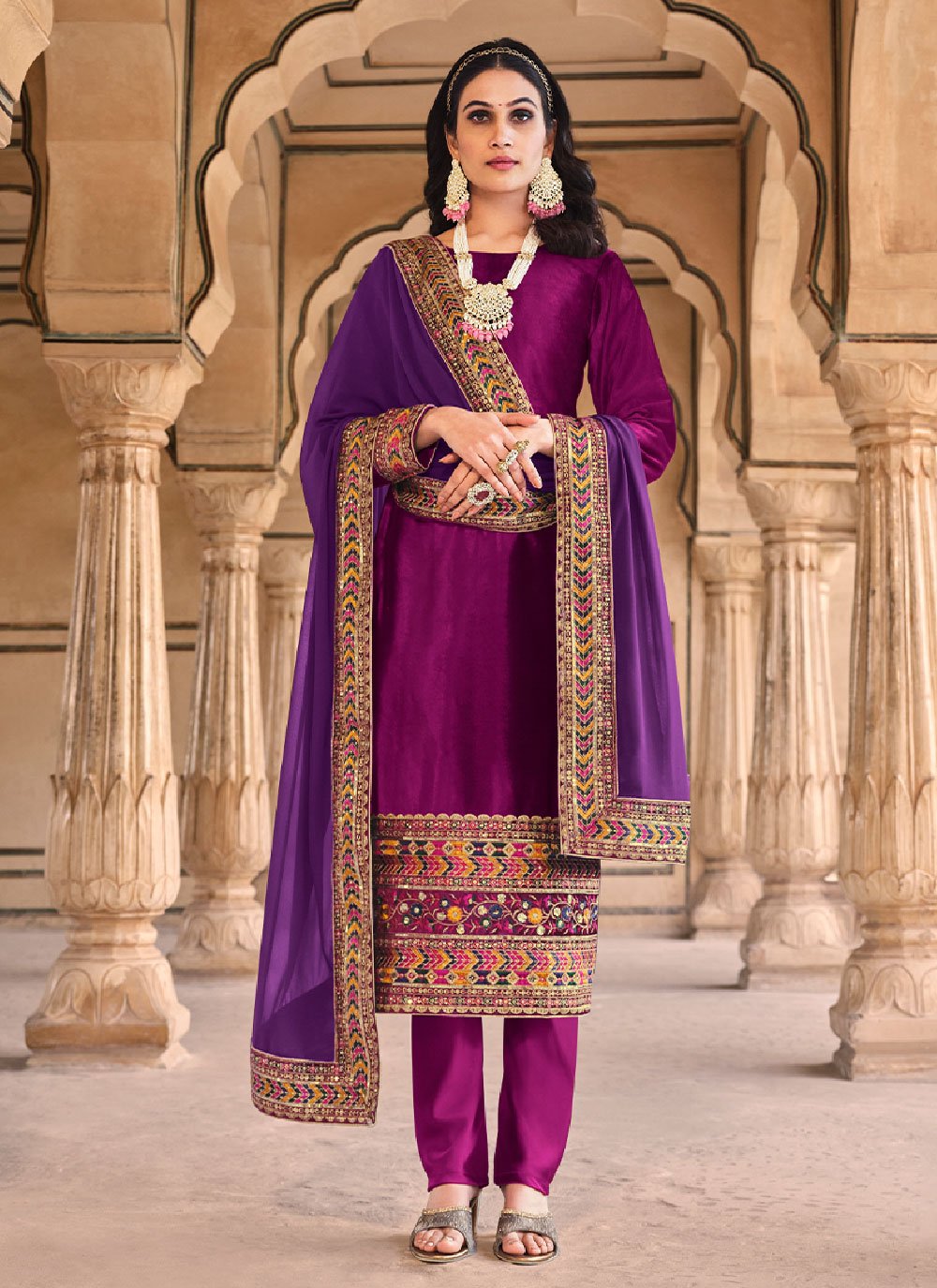 Straight Salwar Suit Velvet Magenta Embroidered Salwar Kameez