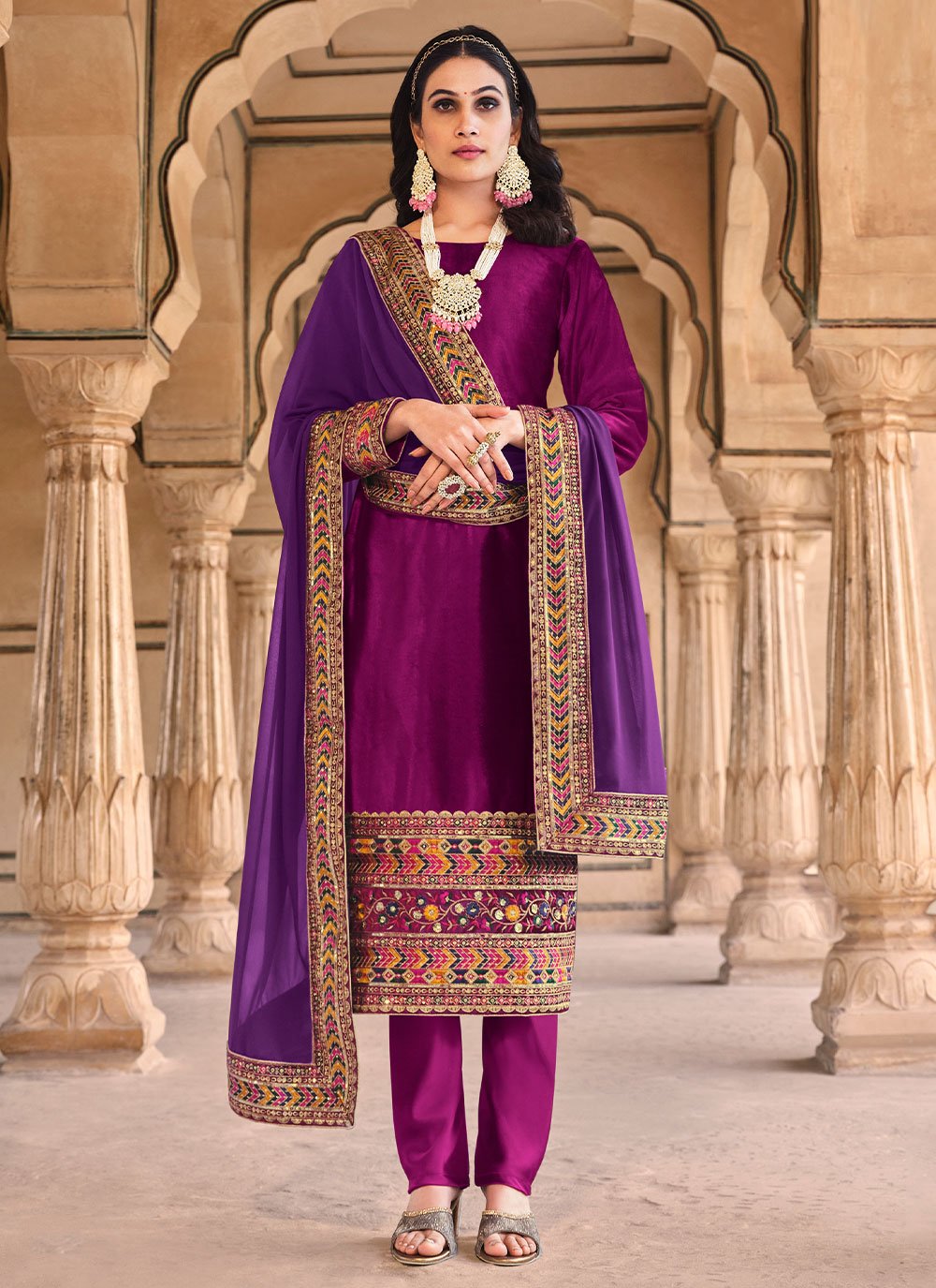 Straight Salwar Suit Velvet Magenta Embroidered Salwar Kameez