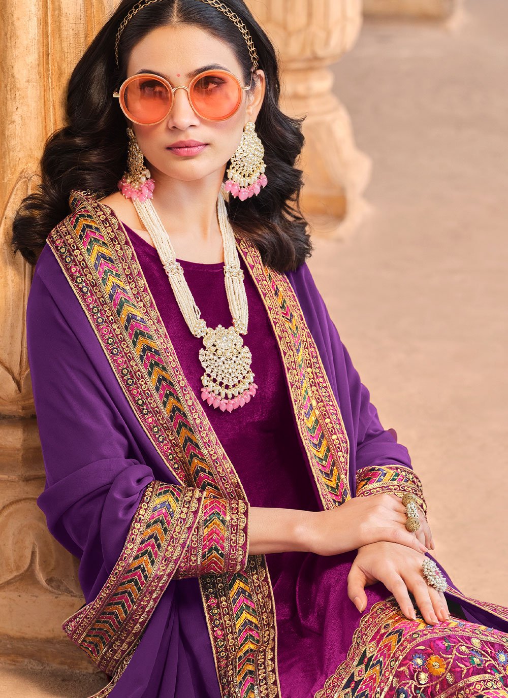 Straight Salwar Suit Velvet Magenta Embroidered Salwar Kameez