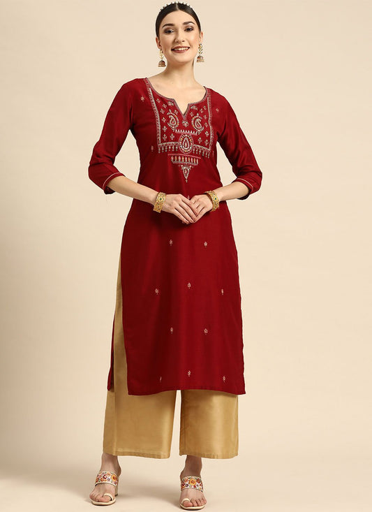 Casual Kurti Chinon Maroon Embroidered Kurtis