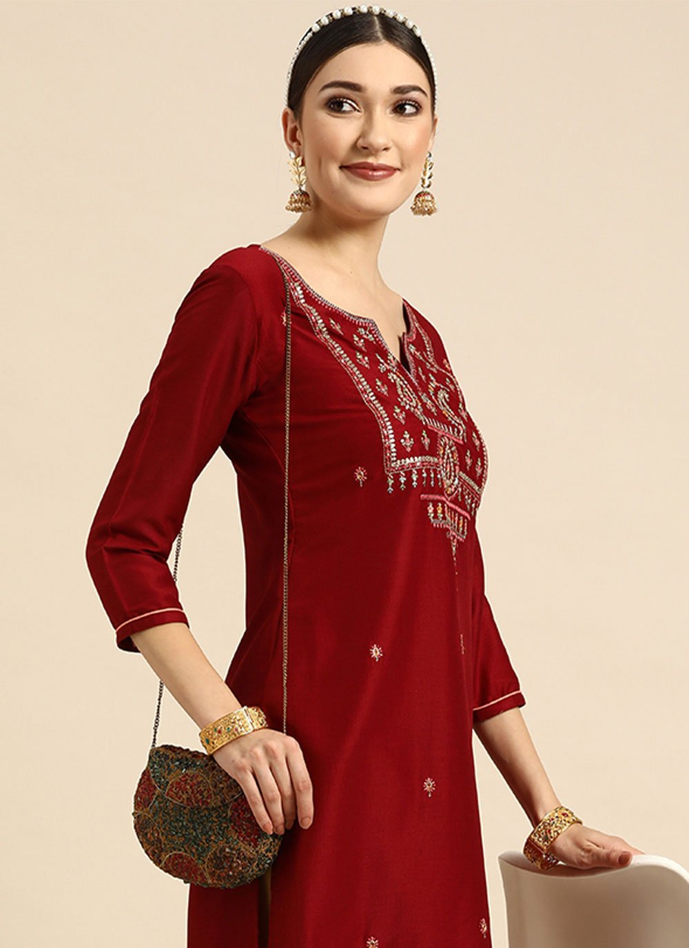 Casual Kurti Chinon Maroon Embroidered Kurtis