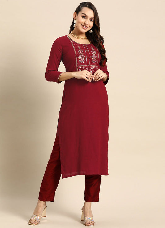 Designer Kurti Poly Rayon Maroon Embroidered Kurtis