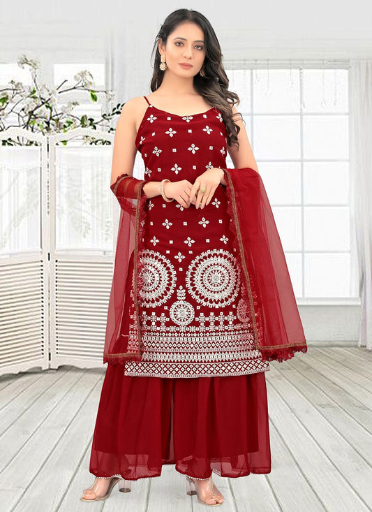 Salwar Suit Faux Georgette Maroon Embroidered Salwar Kameez