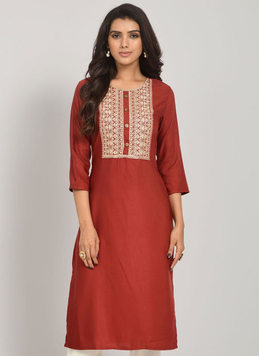 Casual Kurti Rayon Maroon Embroidered Kurtis