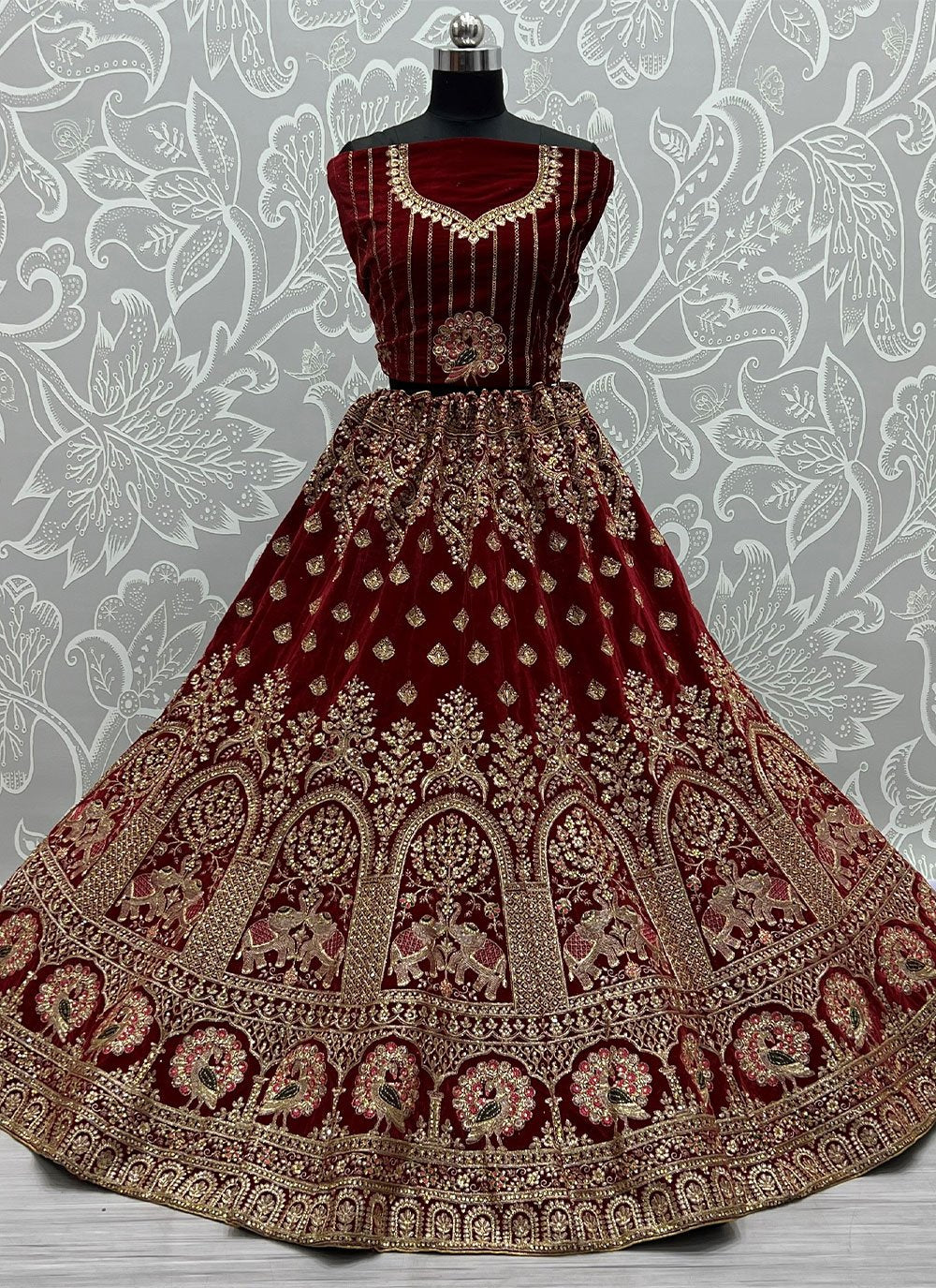 A Line Lehenga Velvet Maroon Diamond Lehenga Choli