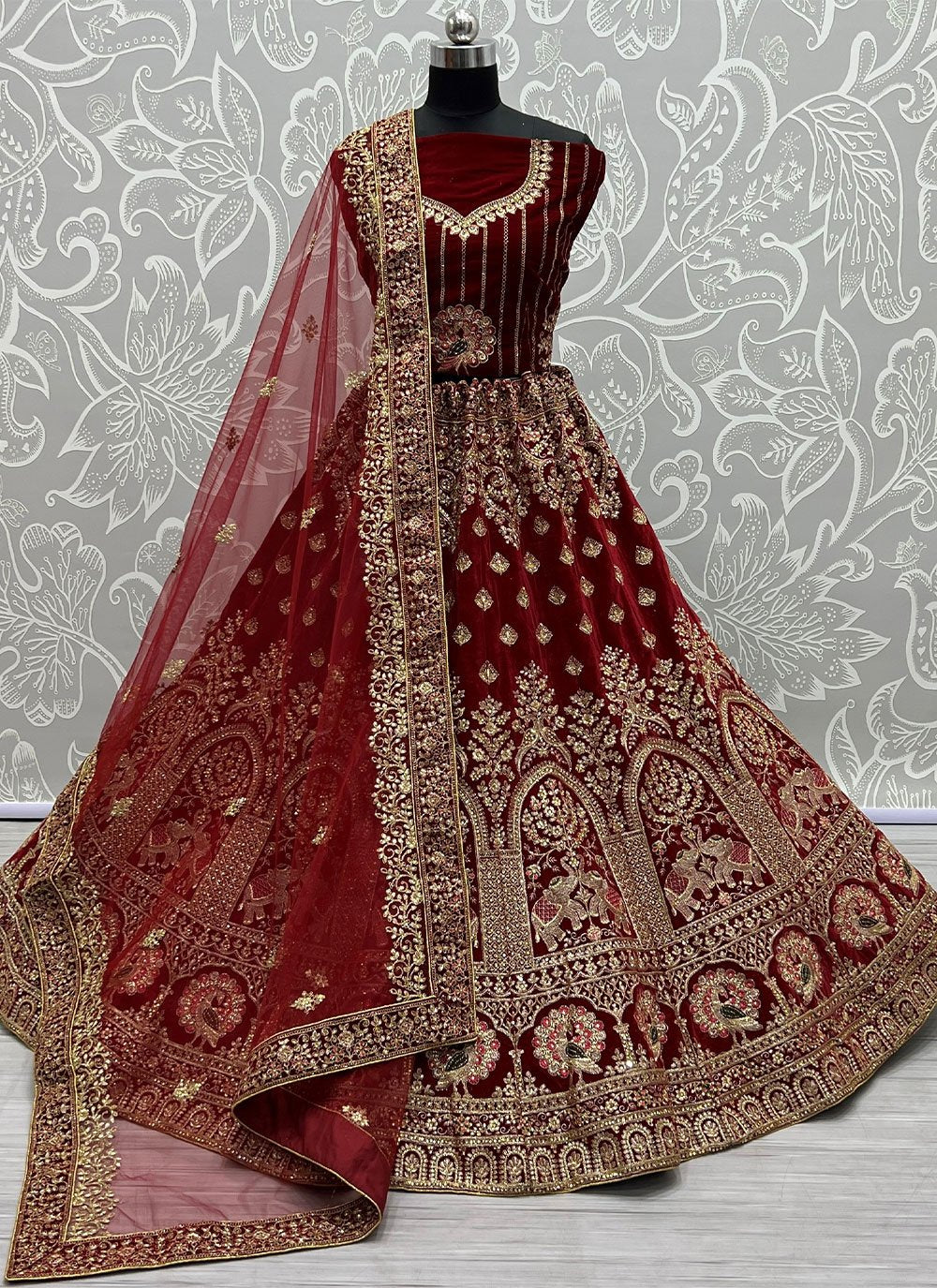 A Line Lehenga Velvet Maroon Diamond Lehenga Choli