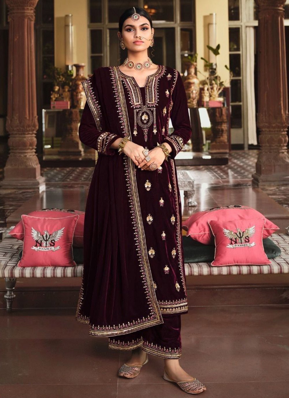 Palazzo Salwar Suit Velvet Maroon Embroidered Salwar Kameez