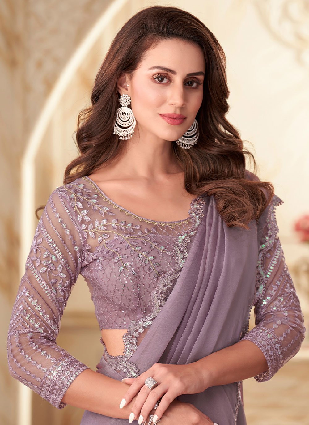 Designer Georgette Silk Mauve Embroidered Saree