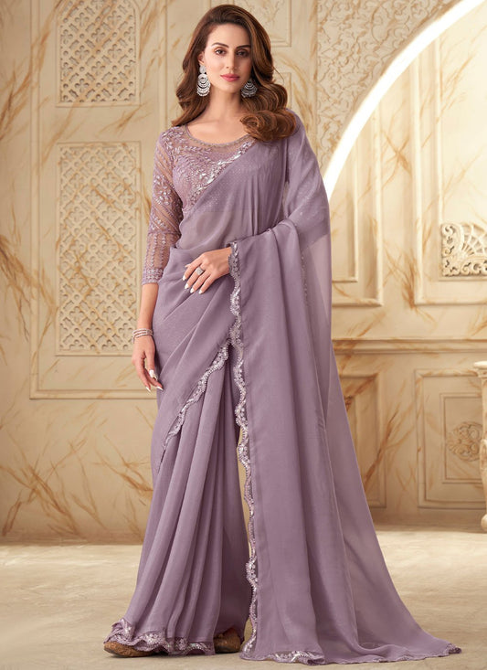 Designer Georgette Silk Mauve Embroidered Saree