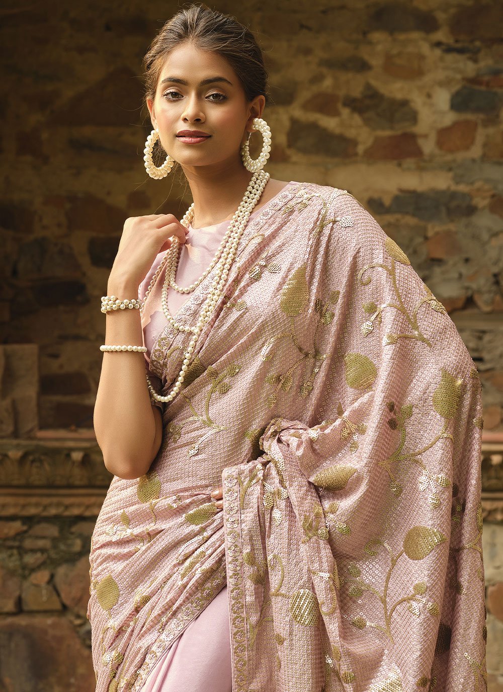 Classic Georgette Mauve Embroidered Saree