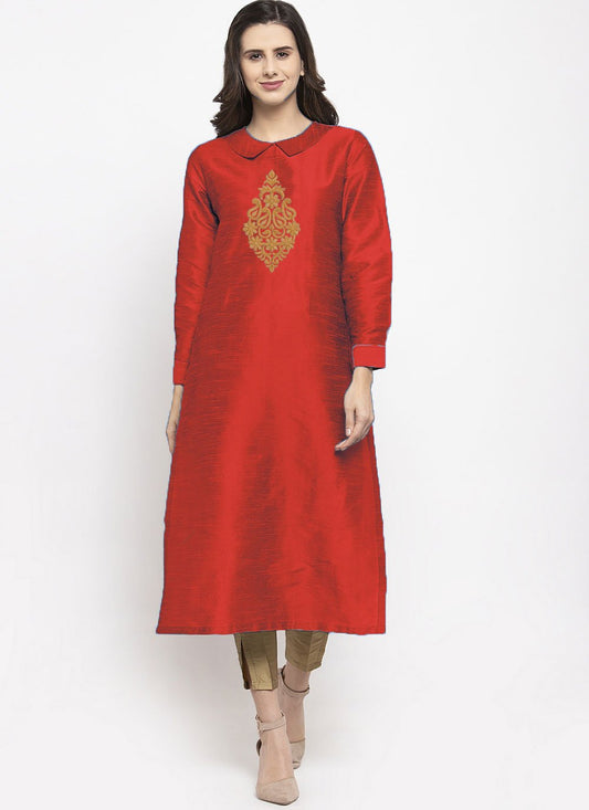 Casual Kurti Dupion Silk Red Embroidered Kurtis