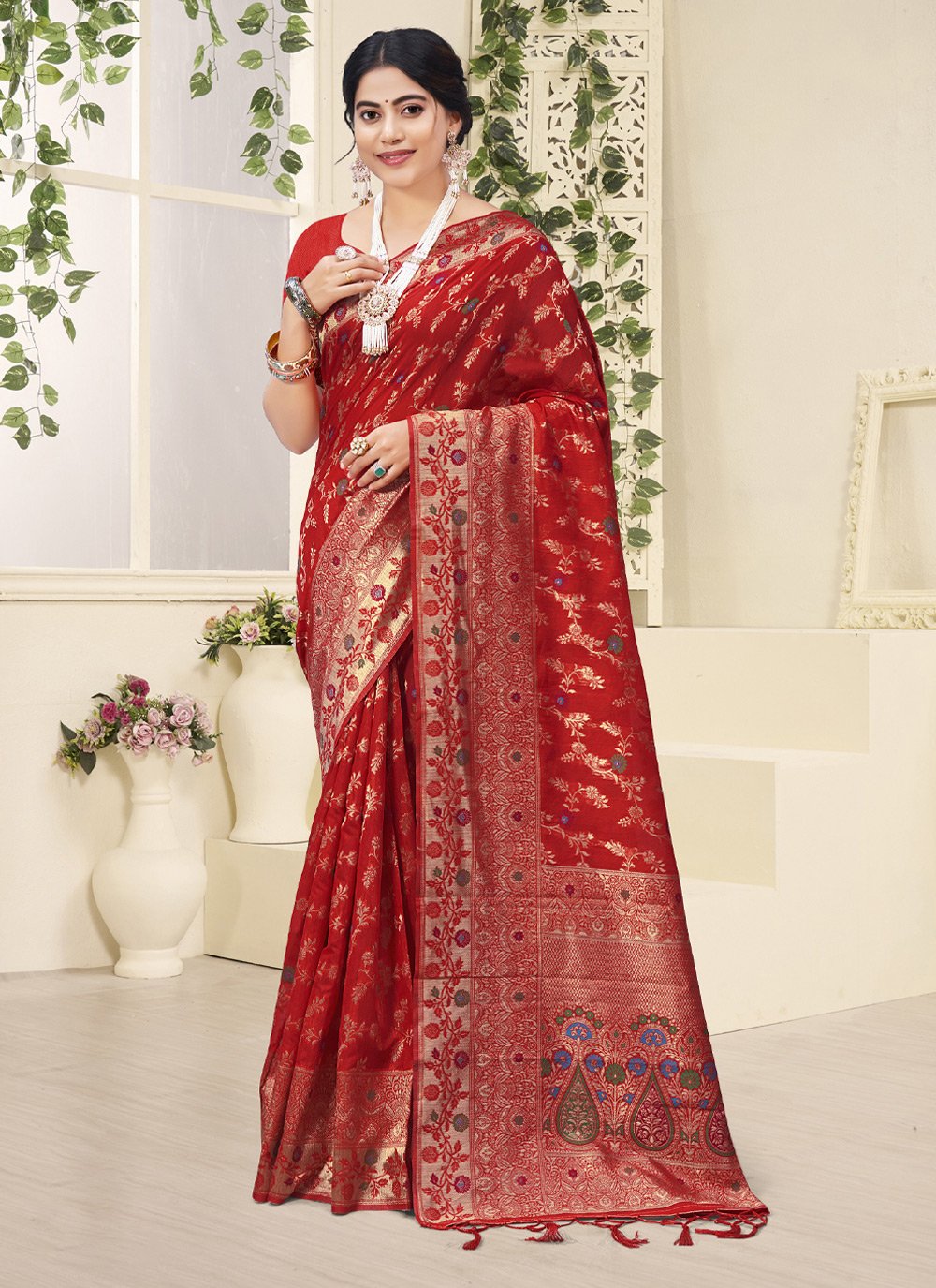 Classic Cotton Red Embroidered Saree