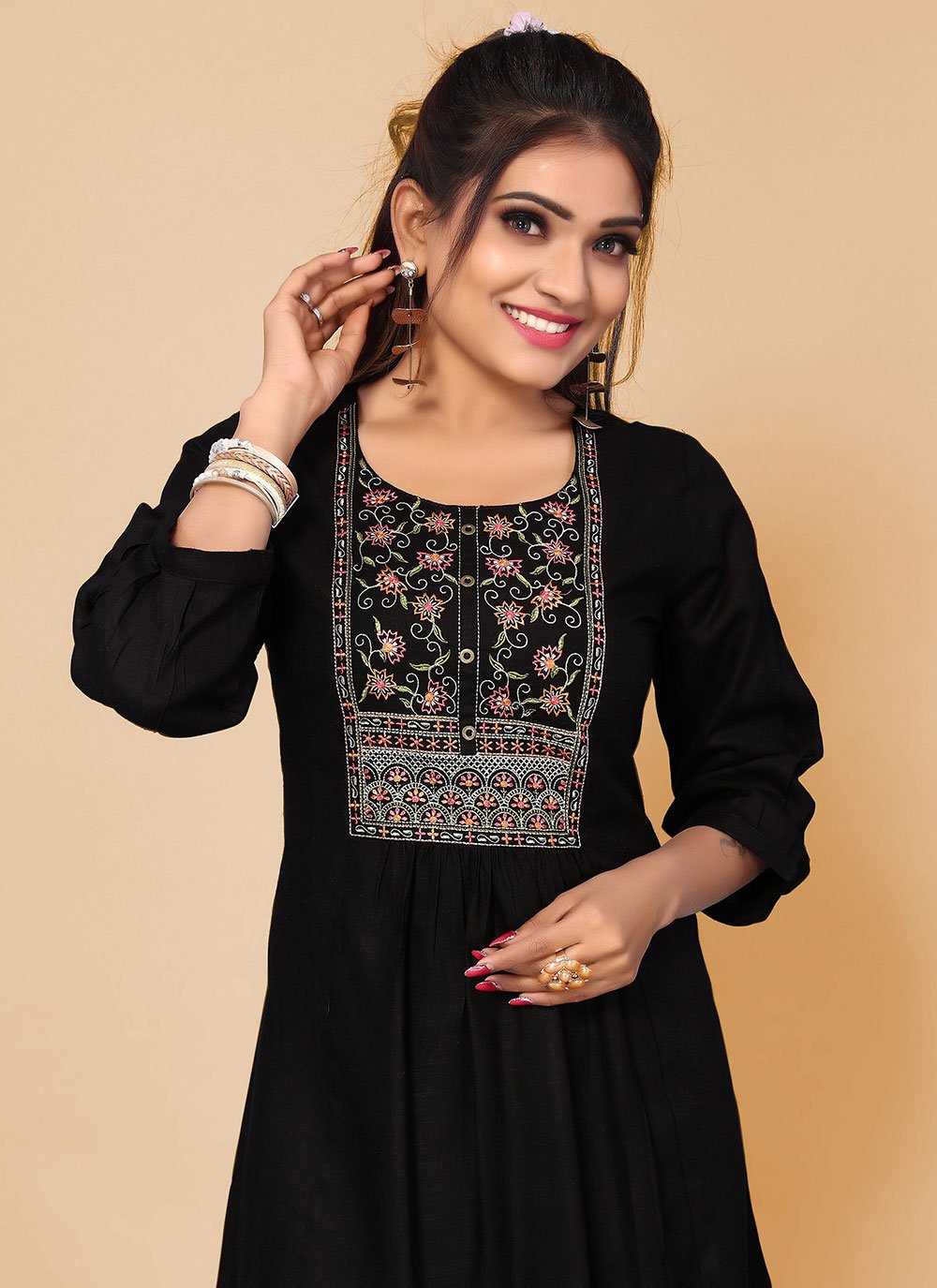 Designer Kurti Rayon Black Embroidered Kurtis