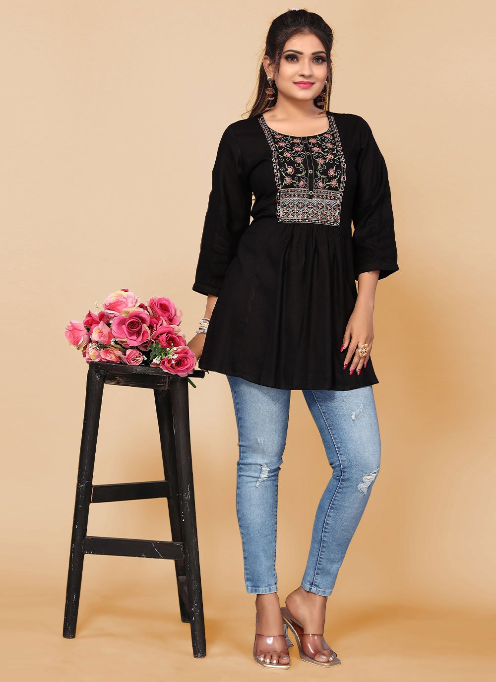 Designer Kurti Rayon Black Embroidered Kurtis