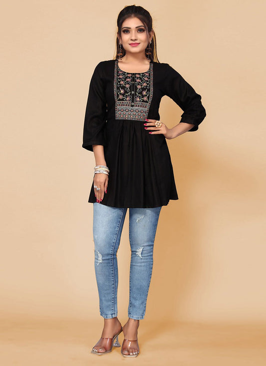 Designer Kurti Rayon Black Embroidered Kurtis