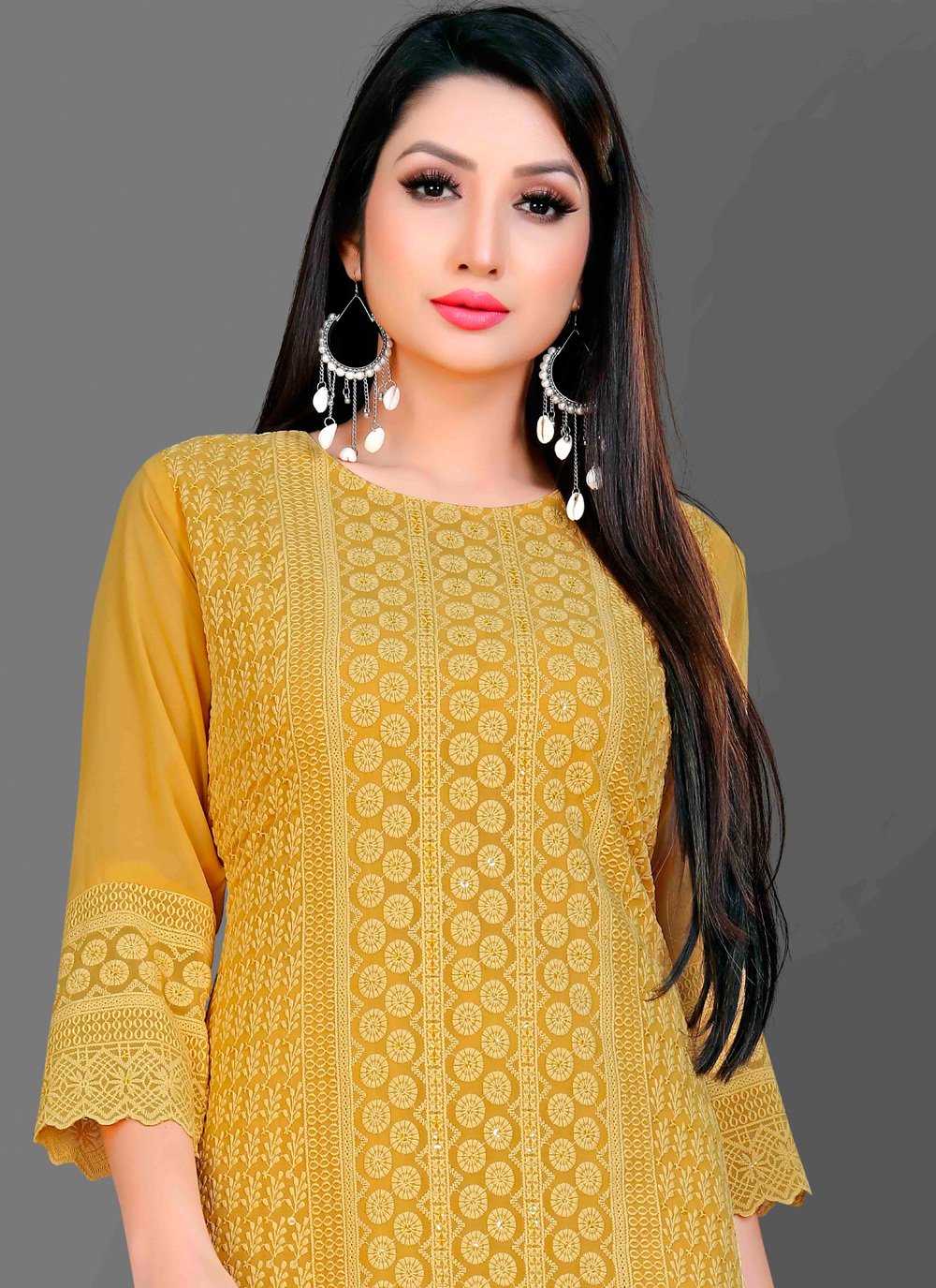 Designer Kurti Chiffon Georgette Mustard Embroidered Kurtis