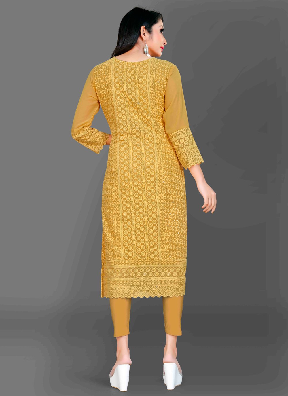 Designer Kurti Chiffon Georgette Mustard Embroidered Kurtis Kajols Indian Pakistani Fashion Tailoring