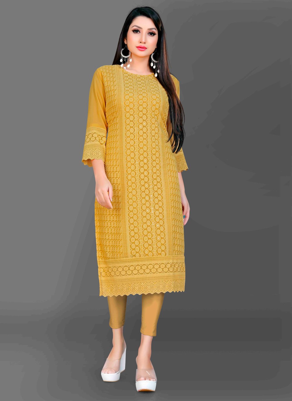 Designer Kurti Chiffon Georgette Mustard Embroidered Kurtis