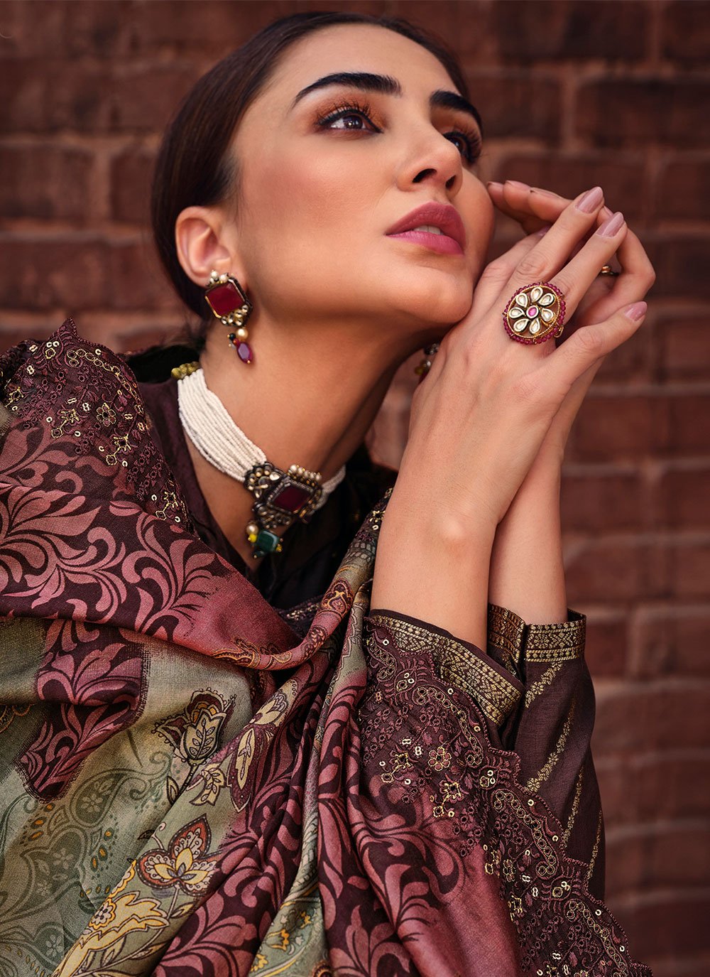 Floor Lenght Salwar Suit Silk Brown Embroidered Salwar Kameez