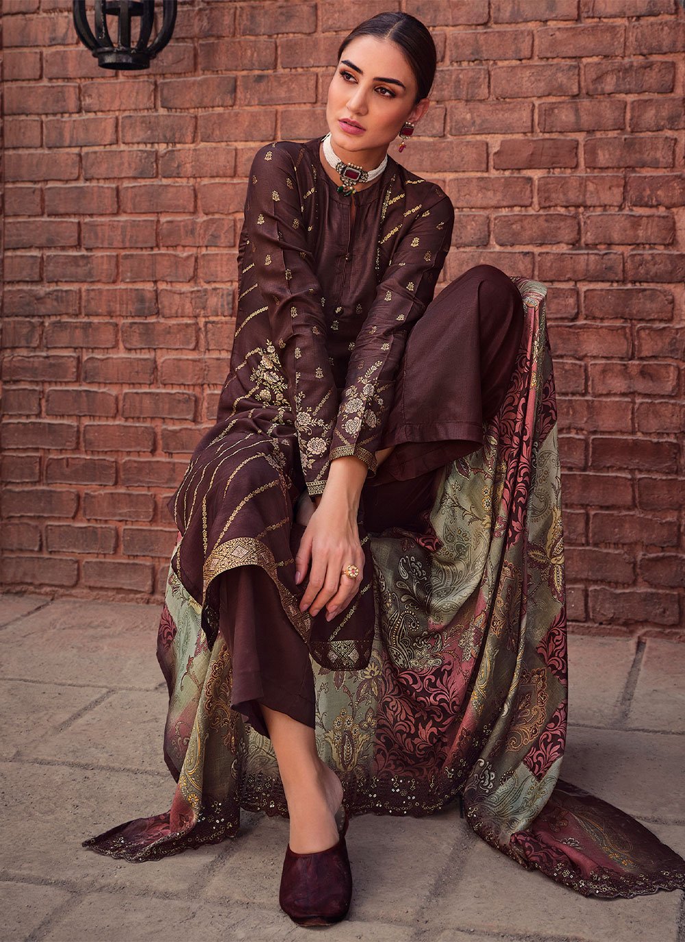 Floor Lenght Salwar Suit Silk Brown Embroidered Salwar Kameez