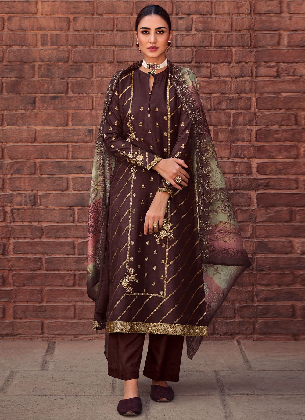 Floor Lenght Salwar Suit Silk Brown Embroidered Salwar Kameez