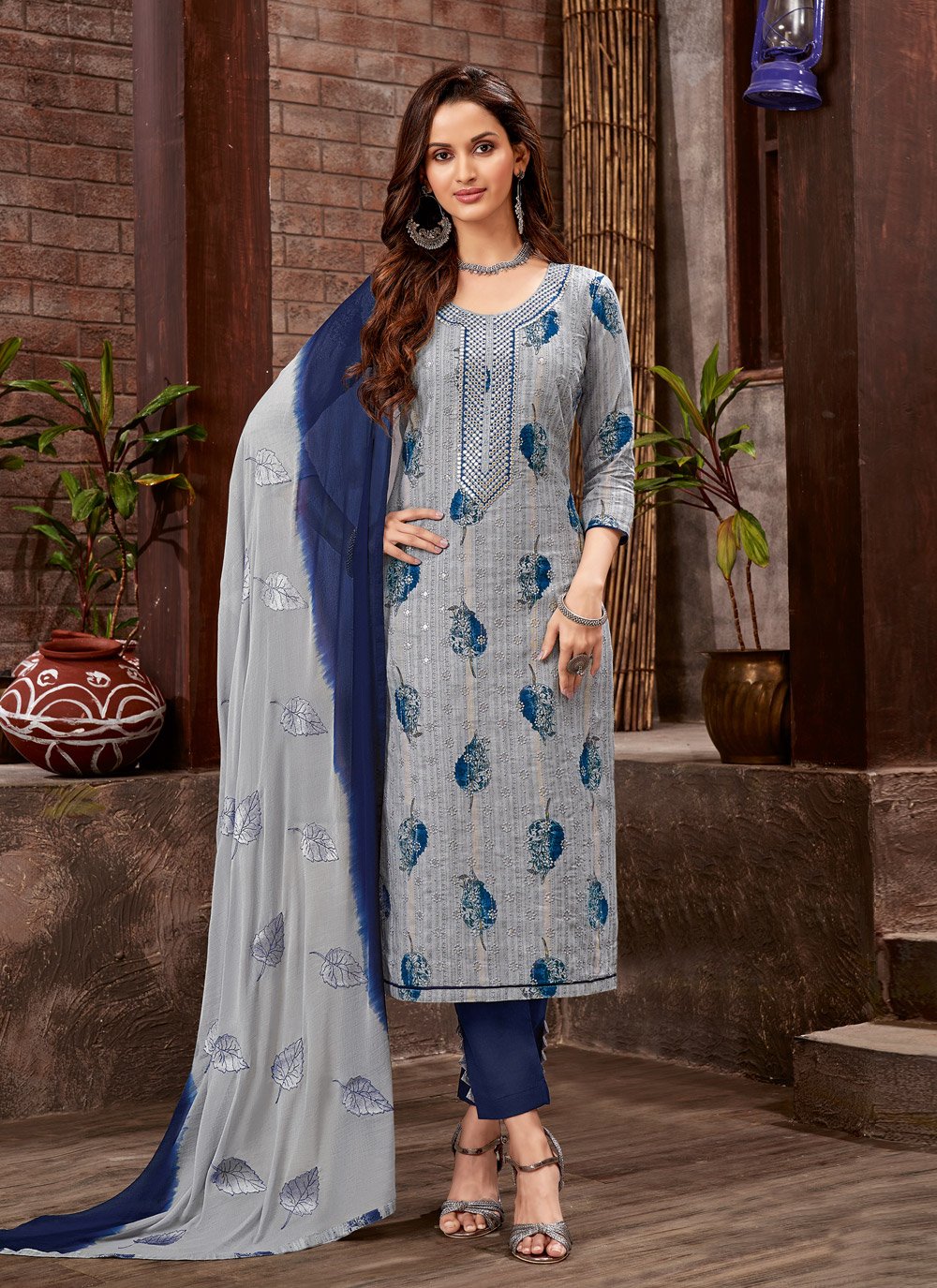 Pant Style Suit Cotton Satin Grey Embroidered Salwar Kameez