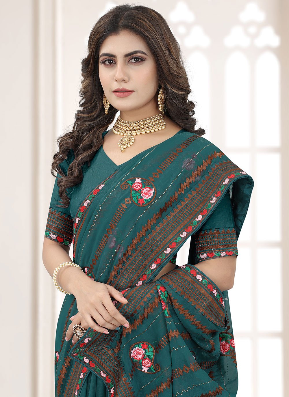 Classic Shimmer Silk Teal Embroidered Saree