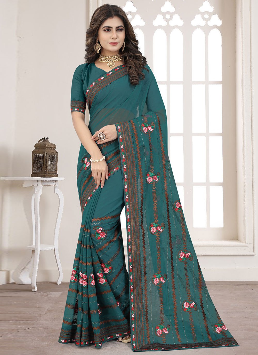 Classic Shimmer Silk Teal Embroidered Saree