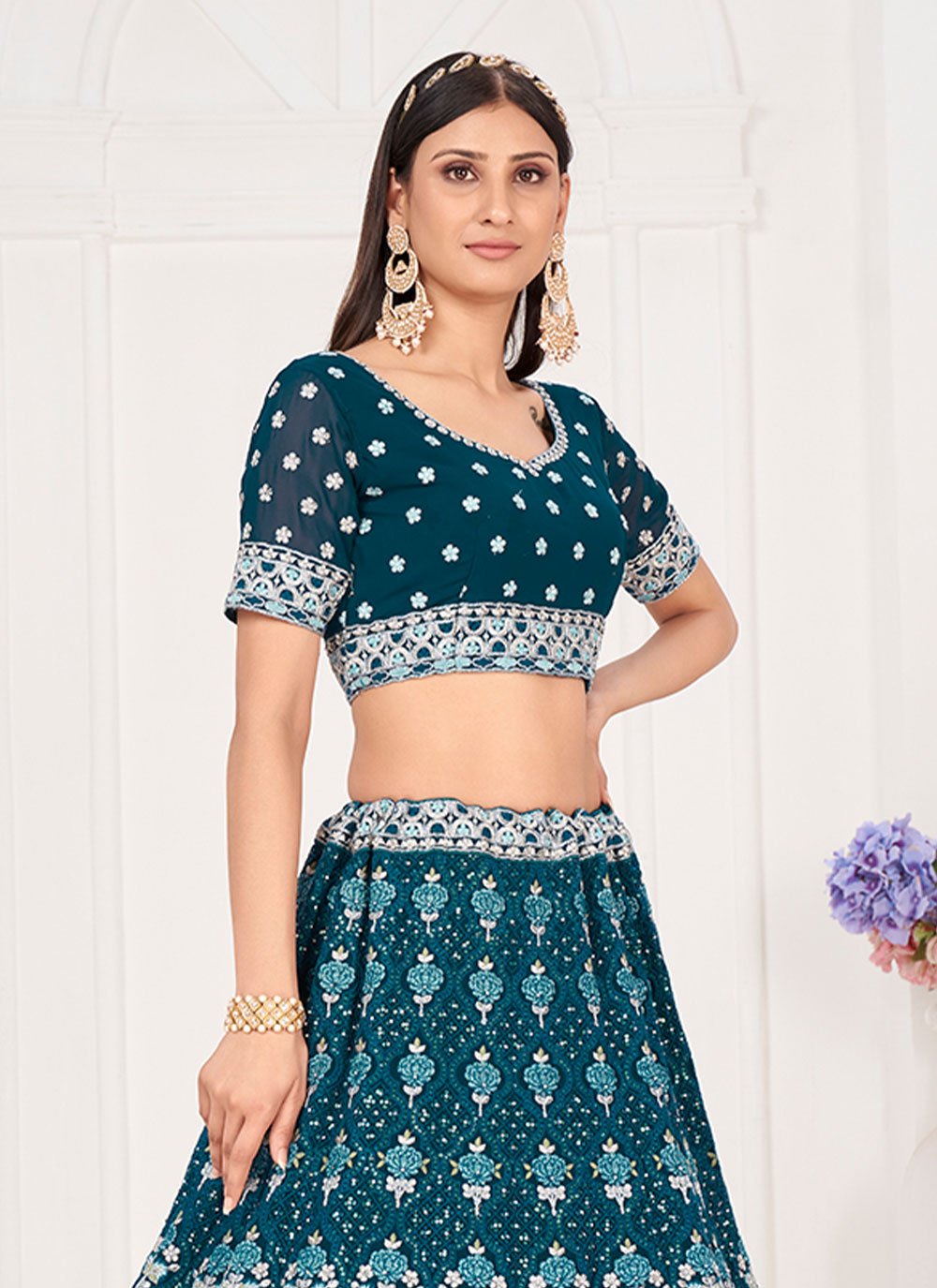 A Line Lehenga Georgette Morpeach Embroidered Lehenga Choli