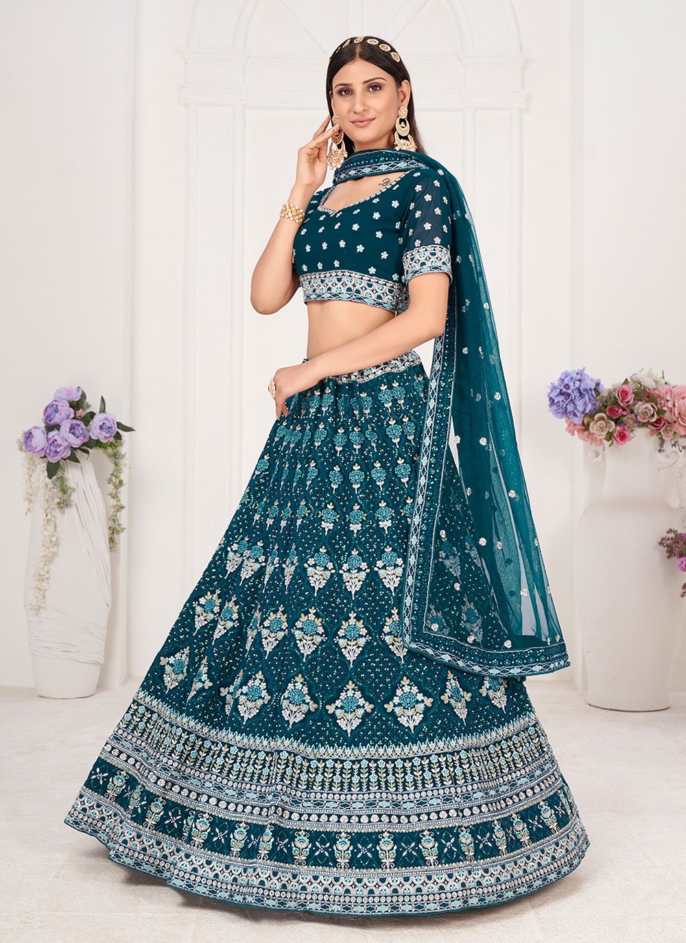 A Line Lehenga Georgette Morpeach Embroidered Lehenga Choli