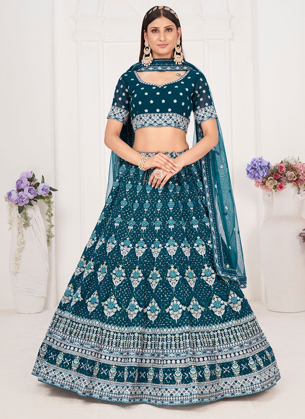 A Line Lehenga Georgette Morpeach Embroidered Lehenga Choli