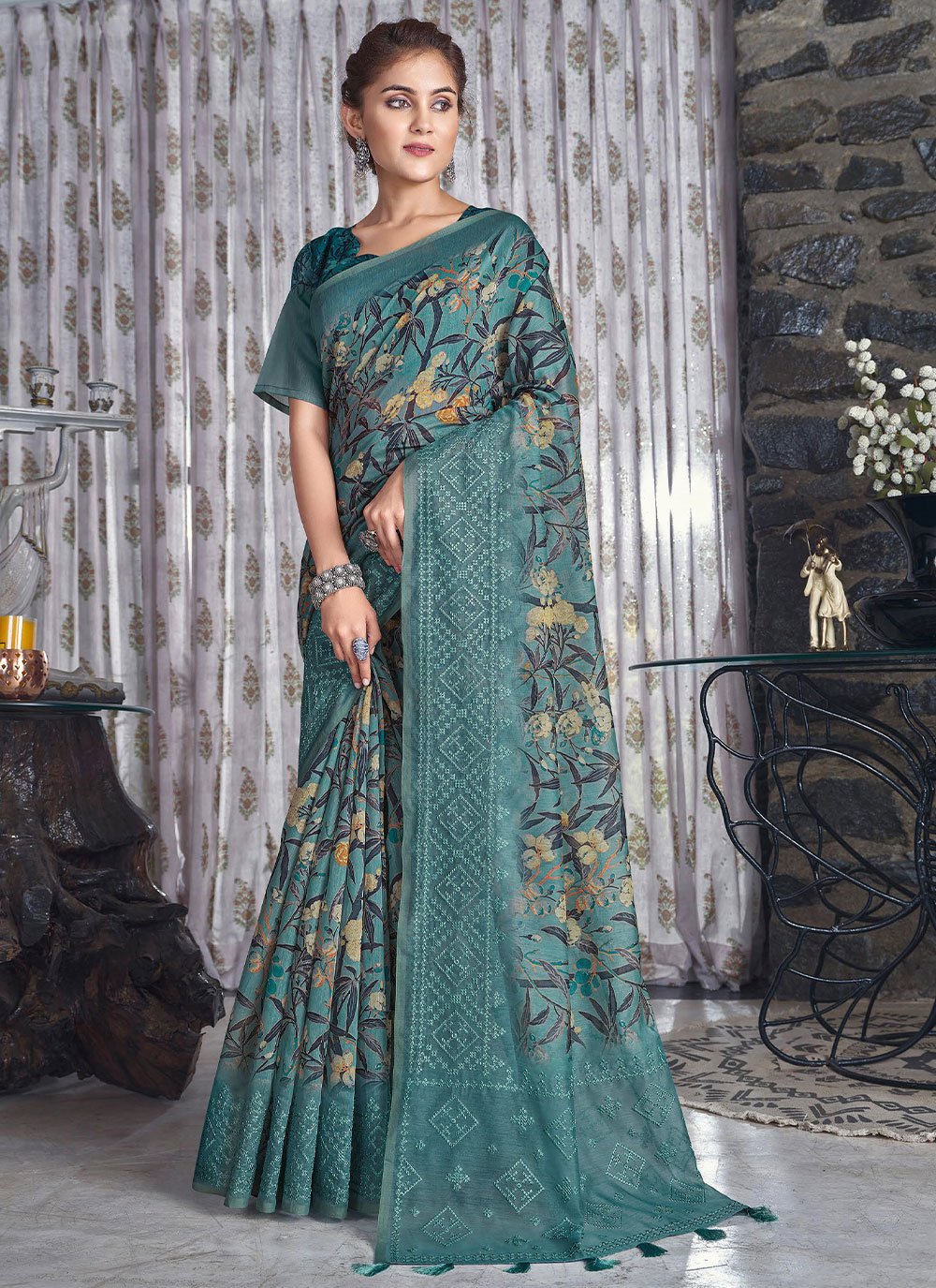 Classic Linen Morpeach Embroidered Saree