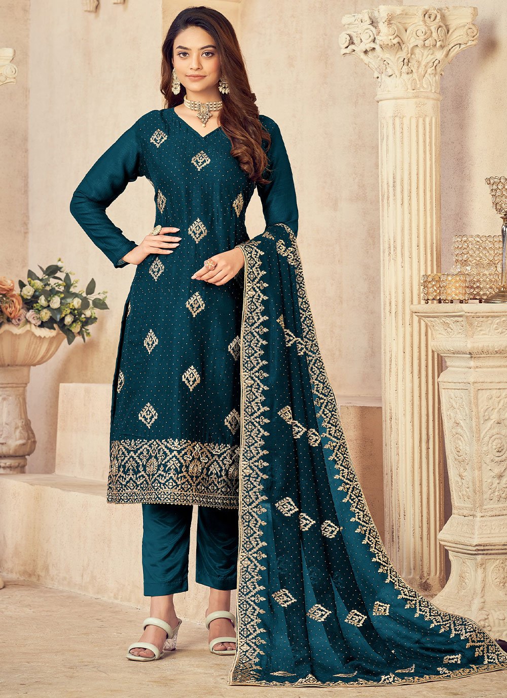Pant Style Suit Vichitra Silk Morpeach Embroidered Salwar Kameez